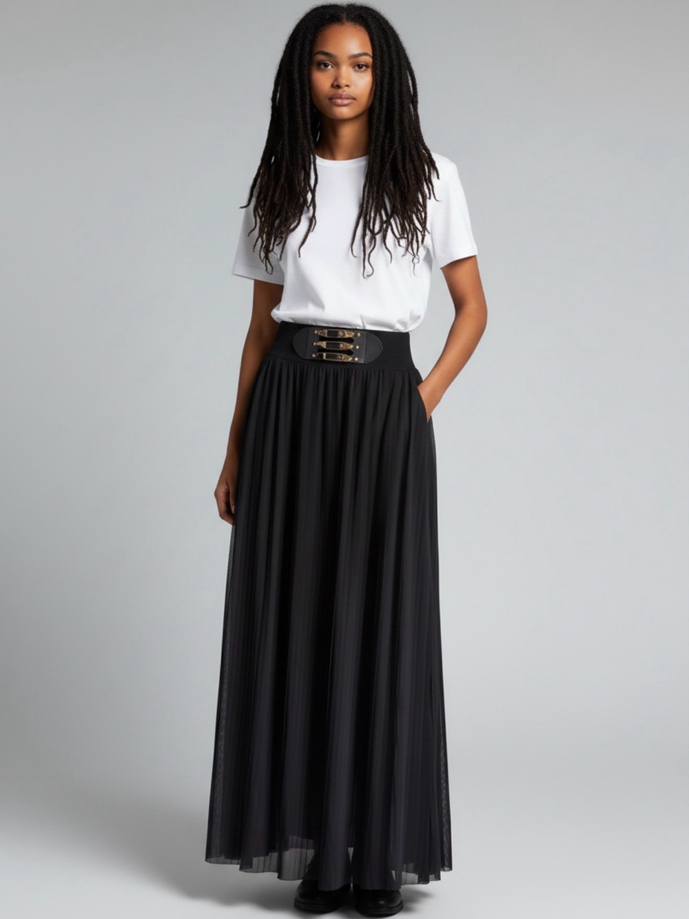 Revamped Black Pleated semi sheer Maxi Skirt, slip, elastic waist, belt, size L